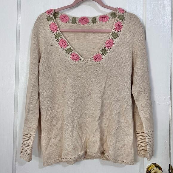 Vintage Women’s Knit V-Neck Sweater Roses‎ Size Medium Linen Cotton - Picture 1 of 7